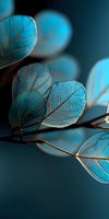 Delicate translucent blue skeleton leaves with visible veins against dark background, creating ethereal botanical composition for wellness and spa designs.