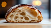 Fresh artisanal sourdough bread cross section showing airy honeycomb crumb structure with large irregular holes and crispy golden crust on blurred background.