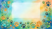 Watercolor paw prints and floral elements frame a blank white center space, ideal for pet business designs, greeting cards, and animal-themed marketing materials.