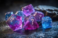 Colorful translucent gaming dice with numbers in pink, purple and blue colors on dark textured background with water drops, macro photography for tabletop games.