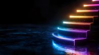 Glowing neon stairs with vibrant rainbow colors ascending into darkness against reflective surface, creating futuristic atmosphere with luminous effect.