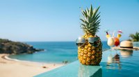 Cool pineapple with sunglasses by infinity pool overlooking tropical beach. Summer vacation vibes with cocktails and hat. Perfect for travel marketing.