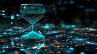 Digital hourglass with glowing cyan particles flowing on circuit board background, representing time management and technology transformation in modern era.