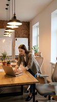Professional businesswoman working on laptop in modern office with industrial pendant lighting and exposed brick wall creating productive workspace atmosphere.