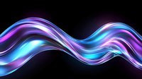 Luminous flowing waves in neon blue and purple colors create dynamic abstract pattern on black background. Glowing light trails form smooth curved lines.