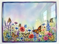Watercolor garden scene with colorful butterflies flying among blooming flowers near sunny window. Spring meadow artwork for home decor and nature themes.