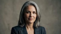 Mature woman with long gray hair wearing dark blazer, professional headshot against neutral background for corporate, business, and executive portraits.
