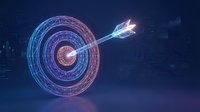 Glowing neon target with arrow hitting bullseye center, futuristic holographic design for business success and goal achievement concepts.