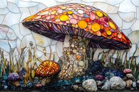 Vibrant stained glass mosaic depicting woodland mushrooms with orange and red spotted caps, surrounded by grass and stones in fantasy garden setting.
