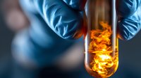 Scientist in blue gloves holding test tube with bright orange chemical reaction in laboratory for research and experimentation.