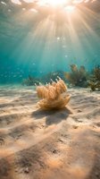 Underwater coral formation on sandy ocean floor with dramatic sunlight rays penetrating turquoise water and tropical fish swimming in marine ecosystem.