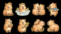 Cute brown capybara characters in various playful poses, isolated on transparent background. Ready for t-shirt design, stickers, clipart, print-on-demand products, and sublimation projects.