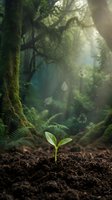 Green seedling sprouting from rich soil in mystical forest with environmental symbols floating in misty sunbeams representing growth and sustainability.