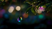 Crystal prism pendant catching rainbow light creates magical bokeh effect against dark background with green leaves and colorful defocused lights.