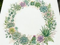 Watercolor succulent wreath with cacti and ferns on white background. Botanical frame for wedding invitations, greeting cards and decorative designs.