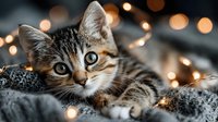 Adorable tabby kitten with bright blue eyes lying on cozy blanket surrounded by warm golden bokeh lights creating magical holiday atmosphere for pet photography.