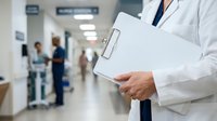 Doctor in white coat holding clipboard in hospital corridor with blurred medical staff and patients in background, suitable for healthcare, medical practice, and clinical settings.