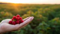 Fresh ripe raspberries in cupped hands at golden hour sunset over blurred green landscape. Organic berry harvest concept for healthy eating and agriculture.