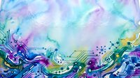 Watercolor painting of circuit board patterns in blue, purple, and green tones with soft pastel background for tech and digital designs.