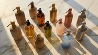 Collection of elegant pump dispenser bottles in various colors on marble surface, warm sunlight casting shadows, luxury bathroom skincare concept.