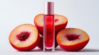 Red lip gloss bottle surrounded by fresh peach halves on white background. Cosmetic product photography for beauty and skincare marketing campaigns.