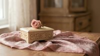 Vintage carved wooden jewelry box with a dried pink rose on a soft fabric, set on a rustic wooden table in a cozy interior.