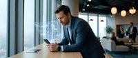 Caucasian businessman in suit using smartphone with glowing digital holographic interface in modern office, analyzing data for business strategy.
