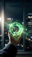Hand holding glowing green digital gauge with futuristic interface against night cityscape. Represents technology, innovation, energy efficiency, and smart solutions for business applications.