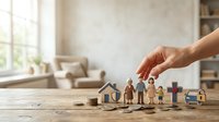 Hand arranging wooden cutout figures representing family, home, car and cross on table in bright living room for life planning and insurance concepts.