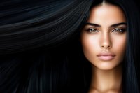 Young woman with flowing black hair and striking blue eyes against dark background, dramatic lighting emphasizes natural beauty and flawless complexion. For beauty and fashion.
