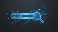Digital search bar with glowing blue network connections and geometric patterns on dark background for web technology and data analytics concepts.
