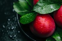 Fresh ripe red apples with water droplets and green leaves in dark moody lighting. Organic fruit harvest concept for healthy eating and nutrition.