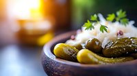 Fresh pickled cucumbers with sliced onions and herbs in rustic ceramic bowl, close-up view with soft natural lighting and shallow depth of field.