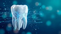 Digital tooth model with glowing network connections on blue technology background for dental healthcare innovation and modern dentistry concepts.