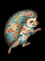 Decorative hedgehog with ornate patterned quills featuring floral and geometric designs in blue, gold, and coral tones. Isolated on transparent background, ready for t-shirts, stickers, clipart, and print-on-demand products.