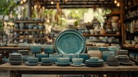 Handcrafted turquoise ceramic tableware collection displayed on wooden table with decorative patterns and textures. Artisanal pottery in rustic setting with bokeh lights.