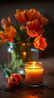 Vibrant orange tulips in glass vase with lit candle, warm home decor arrangement for spring celebrations, weddings, and interior design projects.