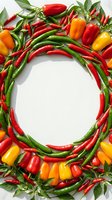 Fresh red and green chili peppers arranged in a circular frame with bell peppers in red, yellow and orange tones on white background. Suitable for food, cooking and culinary design projects.