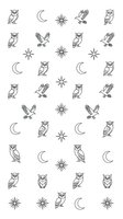 Seamless pattern with owls, eagles, crescent moons and stars in minimalist line art style. Repeats perfectly for textile, wallpaper and wrapping paper designs.