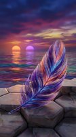 Colorful feather on stone surface with dramatic sunset sky and dual suns reflecting on ocean water creating mystical fantasy seascape scene.