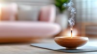 Burning incense stick in wooden bowl creates gentle smoke swirls against blurred interior background with pink sofa, capturing zen atmosphere for wellness and meditation.