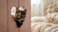 Adorable tortoiseshell kitten peeking through heart-shaped opening in pink wooden door, cozy bedroom interior with floral bedding and soft natural lighting.