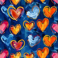 Vibrant hearts in orange, pink and blue tones on deep navy background create seamless pattern with expressive brushstrokes. Modern romantic design for fabric and wrap.