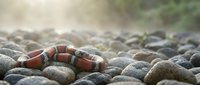 Coral snake with distinctive red, yellow, and black banding resting on rocky ground surrounded by smooth stones and natural habitat elements.