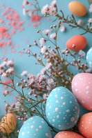 Colorful Easter eggs with polka dot patterns arranged with delicate baby's breath flowers on turquoise background for spring holiday celebrations.