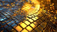 Glowing golden cobblestone path with bokeh light effects and water droplets creating magical atmosphere in evening illumination. Wet surface reflects warm light.