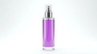 Purple cosmetic spray bottle with silver pump dispenser isolated on white background for beauty and skincare product packaging design.