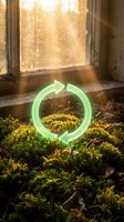 Glowing green neon circular arrow symbol on vibrant moss in rustic window setting with warm sunlight, representing sustainability, recycling, and environmental renewal concepts.