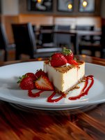 Slice of creamy cheesecake topped with fresh strawberries and red sauce drizzle on white plate, served in restaurant setting with soft bokeh lights in background.