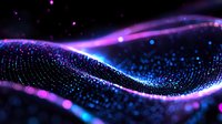 Glowing wave of particles with purple and blue neon lights on black background, abstract digital technology concept with bokeh effect and motion blur.